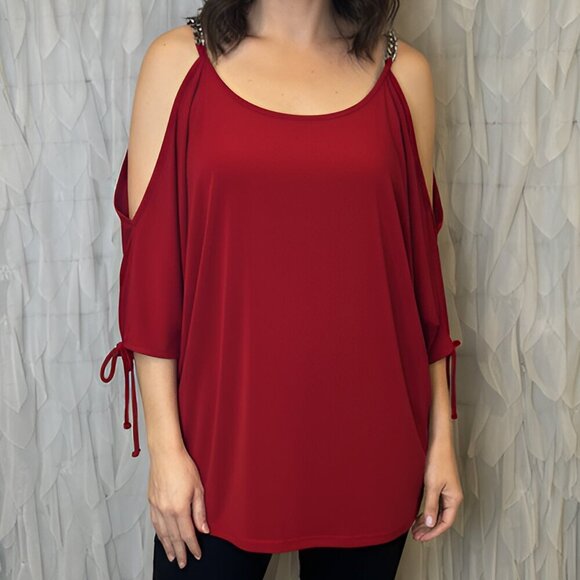 Michael Michael Kors Red Cold Shoulder Chain Detail Blouse – Women's Size M - Picture 2 of 5